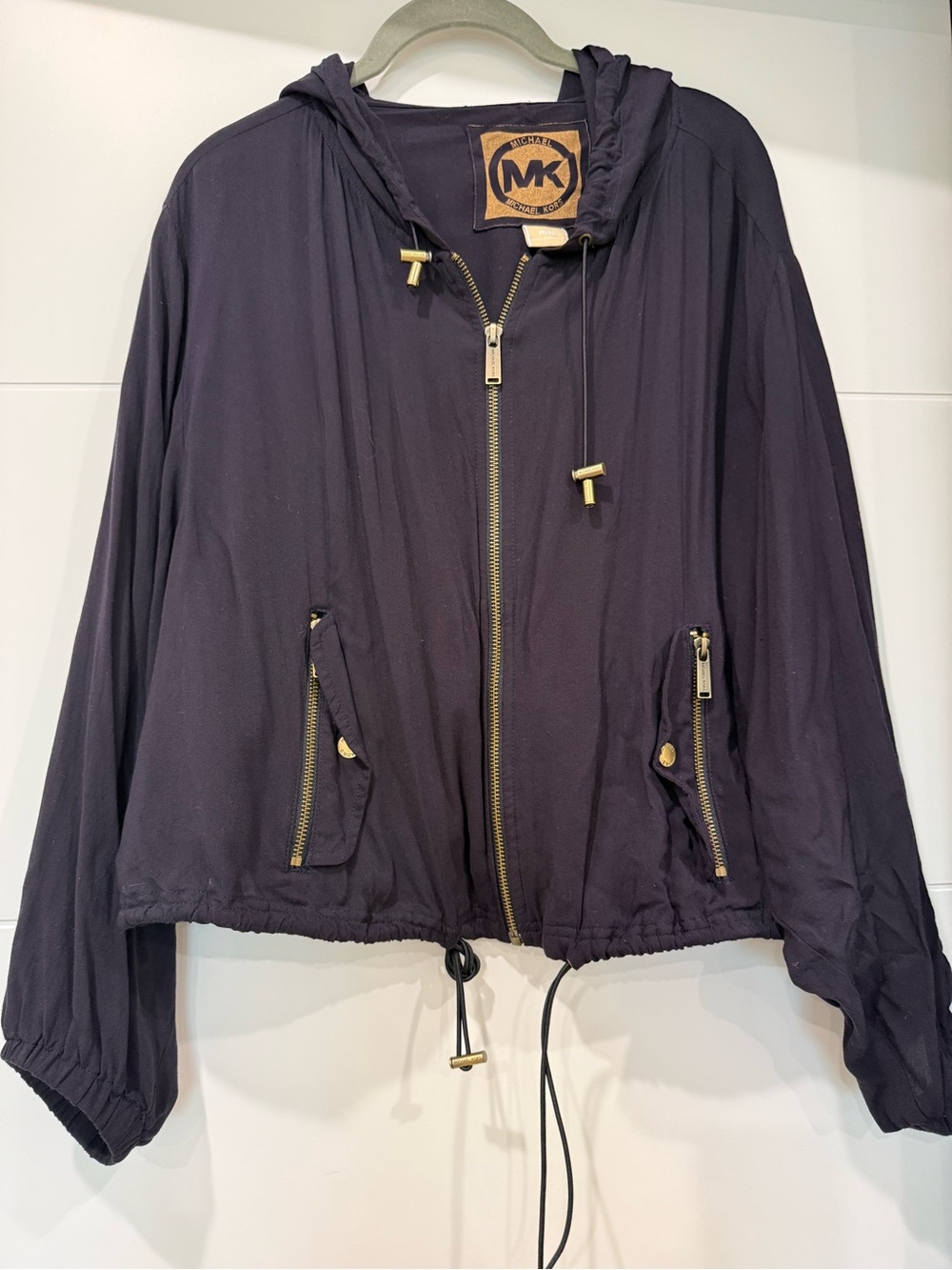 Michael Kors Dark Navy Hooded Bomber Jacket with Gold Hardware